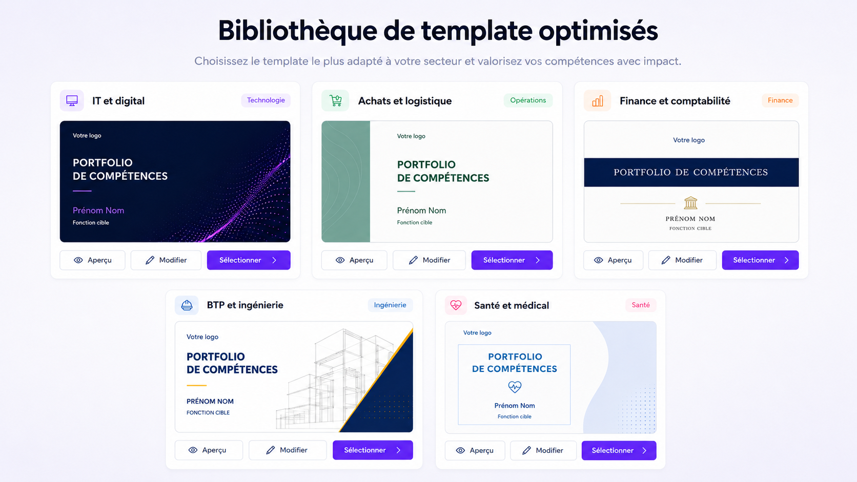 Bibliothèque de templates de dossiers de compétences DC Creator par secteur (IT, achats, finance, BTP, santé), logo et couleurs de l'entreprise appliqués automatiquement